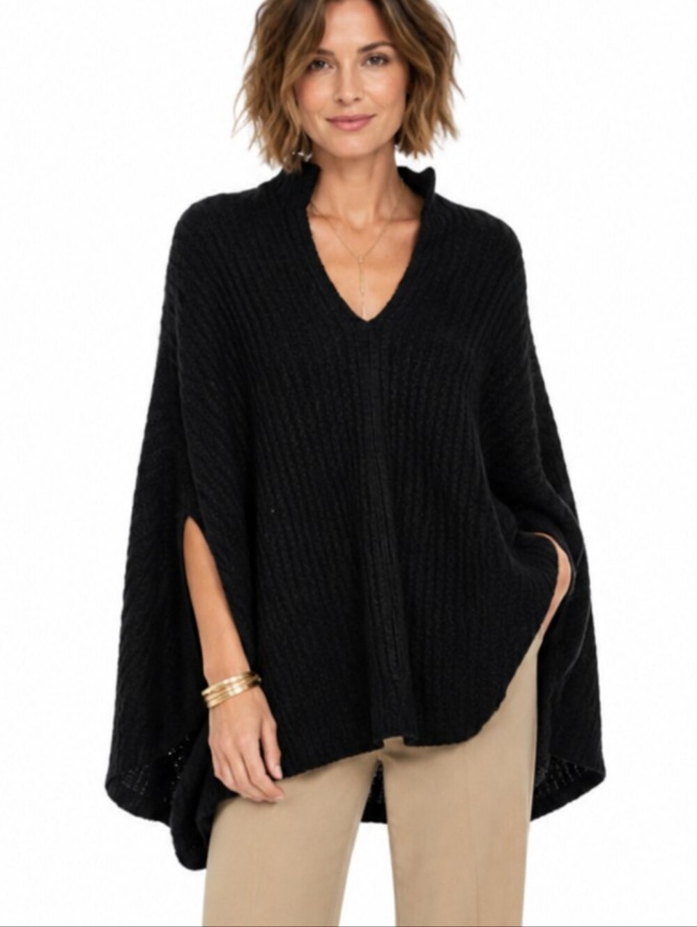 J. Jill Cape Black Cable Poncho Knit One Size